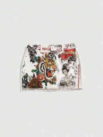 Grunge Punk Minigonna di jeans a vita bassa con stampa vintage di tigre e vite, in stile vintage Y2K