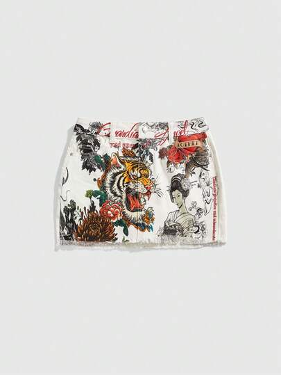 Grunge Punk Y2K Retro Babe Vintage Tiger Reben Fake Tattoo Muster Enge Taille Denim Mini Rock