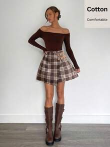 SHEIN Frenchy 双腰带设计棕色格子迷你裙，苏格兰格子裙，圣诞休闲装，新年装，优雅派对装，沙滩装，格子裙，圣诞女装，派对装，棉质休闲格子裙，春季款 - 棕色 - 查看 4