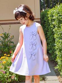 Genkimix Kids 女童无袖纹理面料中长休闲连衣裙，正面蝴蝶结装饰设计，优雅可爱淡紫色连衣裙，薰衣草色连衣裙，女童蝴蝶结连衣裙 - 淡紫色 - 查看 6