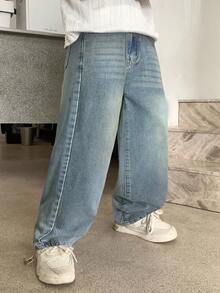 SHEIN Tween Boy Pocketed Wide Leg Loose Casual Versatile Jeans - Light Wash - View 5