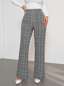 SHEIN PETITE Autumn Elegant Women's Plaid Printed Elastic Knitted Pants, Versatile For Various Occasions Such As Summer Vacation, Elegant Travel, And Daily Commuting Gray Pants,Fall - Black and White - View 4