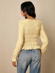 Poéselle Women's Pale Yellow Round Neck Ruffle Flare Sleeve Fashion Elegant Brunch Autumn Blouse - Light Yellow - View 2