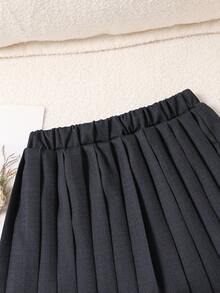 SHEIN Bộ trang phục mùa hè thanh lịch dành cho bé gái: Áo cardigan không tay thắt nơ và chân váy xếp ly. - Màu xanh lam - Xem 7