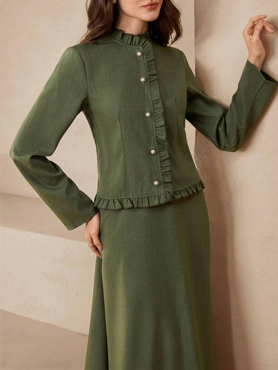 Graceveil 女士修身高档外套和A字中长裙套装（2件套），适合办公室穿着 - 軍綠色 - 查看 1