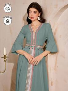 Al Najma Women's V-Neck Geometric Embroidery Decor Elegant Waist Cinched Dress, Suitable For Vacation And Party - Blue - View 2