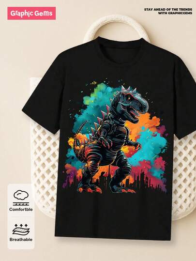 GraphicGems 青少年男生恐龍印花圓領短袖t恤
