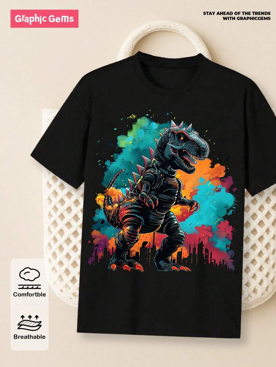 GraphicGems 青少年男生恐龍印花圓領短袖t恤 - 黑色 - 查看 1