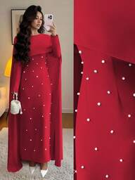 Elenzga Women's Autumn/Winter Knitted Round Neck Long Sleeve Umbrella Puff Pearl Decor Waist Fitted Maxi Party Dress, Elegant & Versatile