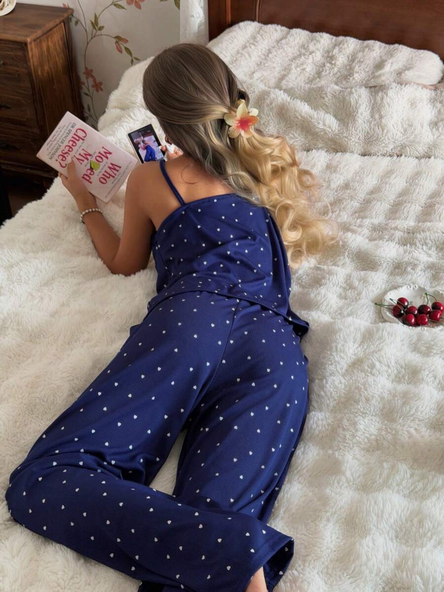CottageSlumber Women's Knitted Ribbed Contrast Lace Heart Print Camisole And Lounge Pants Set, Navy Blue, Suitable For All Seasons Polka Dot PJS - Navy Blue - View 1