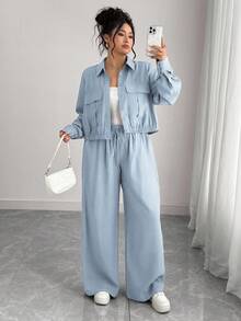 Elenzga Bộ đồ nữ cỡ lớn kiểu Pháp lãng mạn, thanh lịch, thường ngày, màu nâu trơn, áo sơ mi dài tay cổ bẻ cài khuy ẩn, gấu áo chun co giãn + quần cargo cạp chun, thích hợp cho mùa Xuân/Thu/Đông. - Màu xanh nhạt - Xem 1