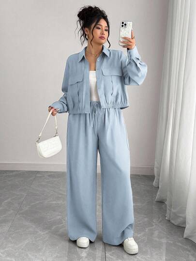 Elenzga Conjunto de camisa de manga larga con cuello de camisa, botones ocultos y dobladillo elástico + pantalones cargo de cintura elástica, estilo romántico francés Sicilia, elegante y casual, para vacaciones y uso diario, unicolor marrón, talla grande, para primavera/otoño/invierno