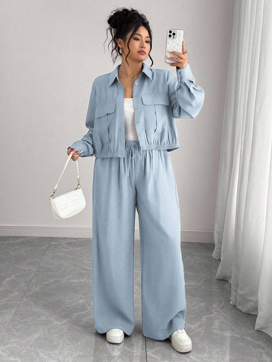 Elenzga Bộ đồ nữ cỡ lớn kiểu Pháp lãng mạn, thanh lịch, thường ngày, màu nâu trơn, áo sơ mi dài tay cổ bẻ cài khuy ẩn, gấu áo chun co giãn + quần cargo cạp chun, thích hợp cho mùa Xuân/Thu/Đông. - Màu xanh nhạt - Xem 1