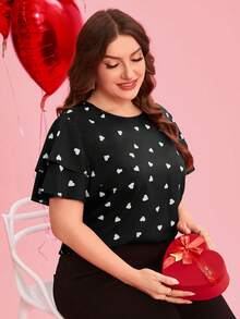SHEIN Clasi 大码夏季休闲通勤爱心印花圆领荷叶边衬衫 - 黑與白 - 查看 3