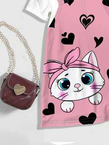 Cute Pink Heart & Cat Print, Young Girl Casual Minimalist Short Sleeve Mid-Length Dress, Suitable For Summer - Multicolor - View 3