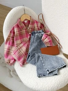 Playful Pals 2pcs/Set Girls Casual Striped Long Sleeve Collared Shirt And Embroidered Denim Pants Set, Suitable For Spring, Autumn, Winter, Outdoor, School, Daily Wear - Pink - View 1