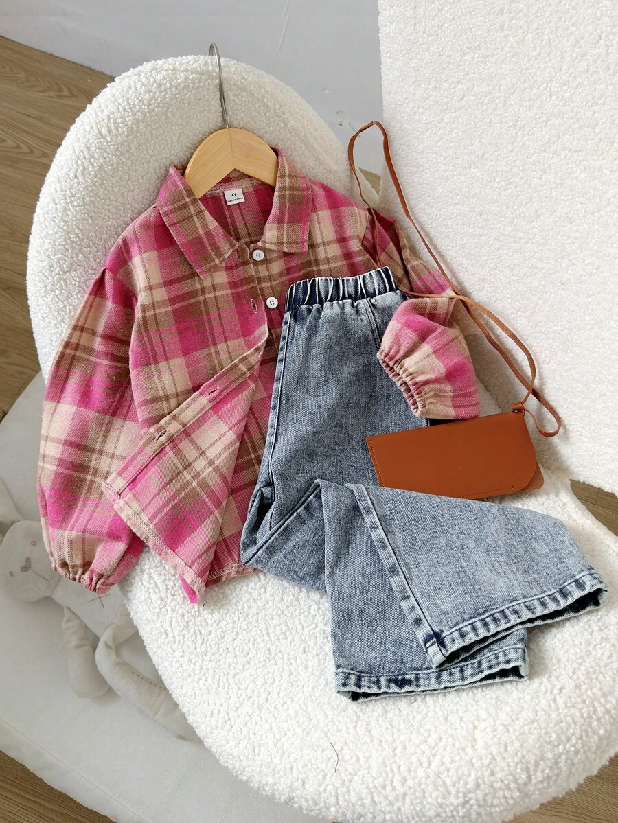 Playful Pals 2pcs/Set Girls Casual Striped Long Sleeve Collared Shirt And Embroidered Denim Pants Set, Suitable For Spring, Autumn, Winter, Outdoor, School, Daily Wear - Pink - View 1