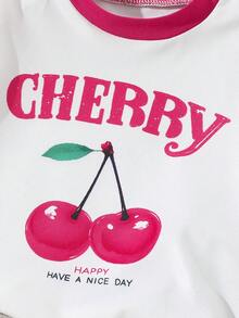Vintaside Kids 女婴樱桃印花T恤套装，撞色滚边，短袖上衣搭配刺绣短裤，时尚装扮 - 彩色 - 查看 4