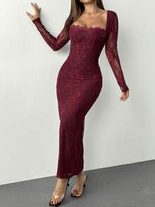 SHEIN PETITE Women's New Summer Party Date Evening Sexy S-Shaped Lace Long-Sleeved Breast Cup Fishbone Square Neck Tight Bodycon Black Maxi Dress Burgundy,New Year's Outfit,Suitable For Daily Dating, Night Out, Nightclubs, Parties, Get-Togethers, Cocktail Parties - Red Violet - View 1