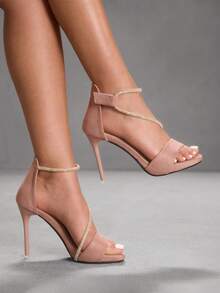 CUCCOO SZL Women's Fashionable Elegant Party Rhinestone Decorated Heeled Sandals Valentine's Day - Pink - View 1