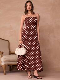 Enchnt Winter Romantic Women's Elegant Brown Polka Dot Print Sleeveless Long Dress,Chic&Elegant For Date&Going Out&Daily Commute&Afternoon Tea,Brown Dress,Winter Dresses For Women,Winter Clothes For Women,Dresses For Women Elegant,Polka Dot Dres