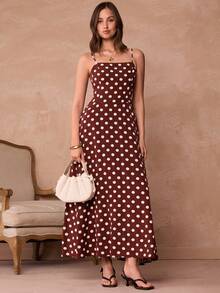 Enchnt Spring/Summer  Romantic Women's Elegant Brown Polka Dot Print Sleeveless Long Dress,Chic&Elegant For Date&Going Out&Daily Commute&Afternoon Tea,Brown Dress,Spring Dresses For Women,Spring Clothes For Women,Dresses For Women Elegant,Summer Dress,Polka Dot Dres - Red - View 4