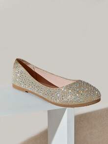 SHUZIA Bailarinas cómodas con puntera redonda y rhinestones para mujer - Champán - Ver 5