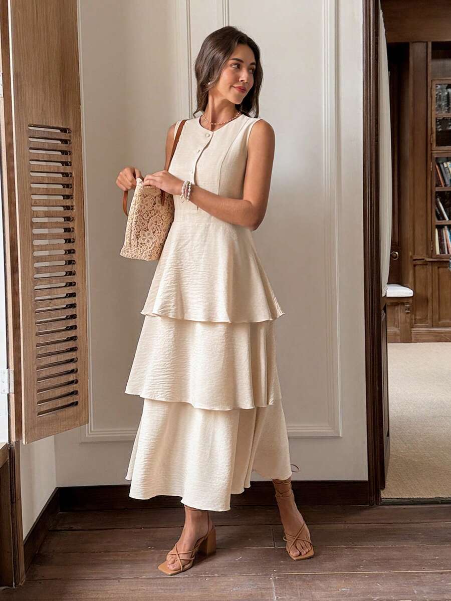 SHEIN Frenchy Women's Solid Color Round Neck Layered Sleeveless Dress Summer - Apricot - View 1