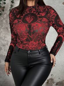 Whyspr Áo kiểu nữ cỡ lớn phong cách Punk Rock, chất liệu lưới, in họa tiết đồ họa, cổ tròn, tay dài, thanh lịch, cổ điển, thường ngày, thích hợp cho kỳ nghỉ, với họa tiết đầu lâu và hoa hồng phối màu tương phản. - Màu Đỏ Sâu - Xem 3