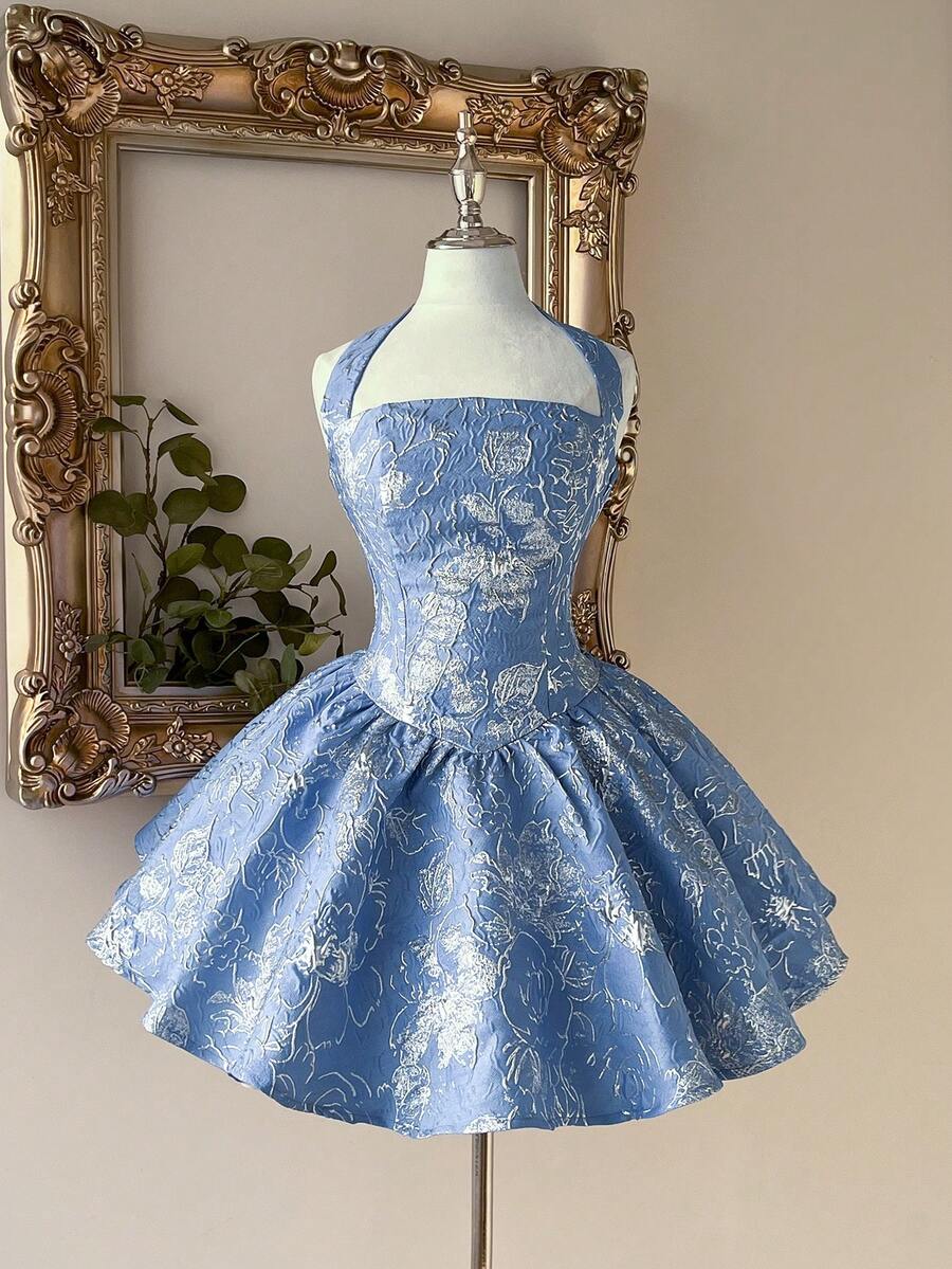 Lovelzi Váy chữ A hở lưng, tay dài, cổ yếm, chất liệu vải jacquard màu đỏ tía thanh lịch, lãng mạn, thời trang, thích hợp cho lễ tốt nghiệp, khai giảng, lễ hội âm nhạc, tiệc sinh nhật, đám cưới, tiệc trà chiều, dạ hội - Màu xanh lam - Xem 1