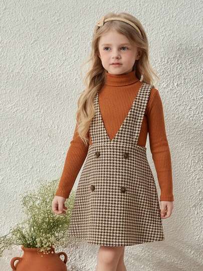 Blossori Young Girls' French Elegant Stand Collar Long Sleeve T-Shirt And Suspender Dress Set