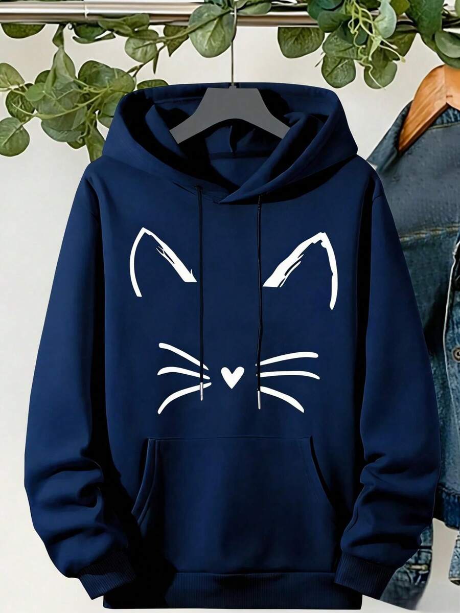 Mujer003 Sudadera de mujer Almacén local en México invierno sudadera de manga larga cómoda suave Sudadera con capucha de color negro y dibujos de orejas de gato, bigotes y corazón en blanco - Azul - Ver 1