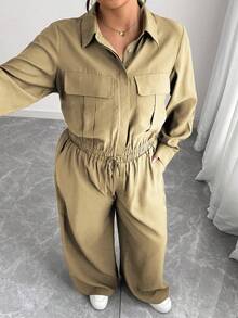 Elenzga 大码女式法式浪漫西西里优雅休闲通勤度假纯色棕色衬衫领隐形门襟松紧下摆长袖衬衫+松紧腰工装裤套装，春/秋/冬 - 卡其色 - 查看 4