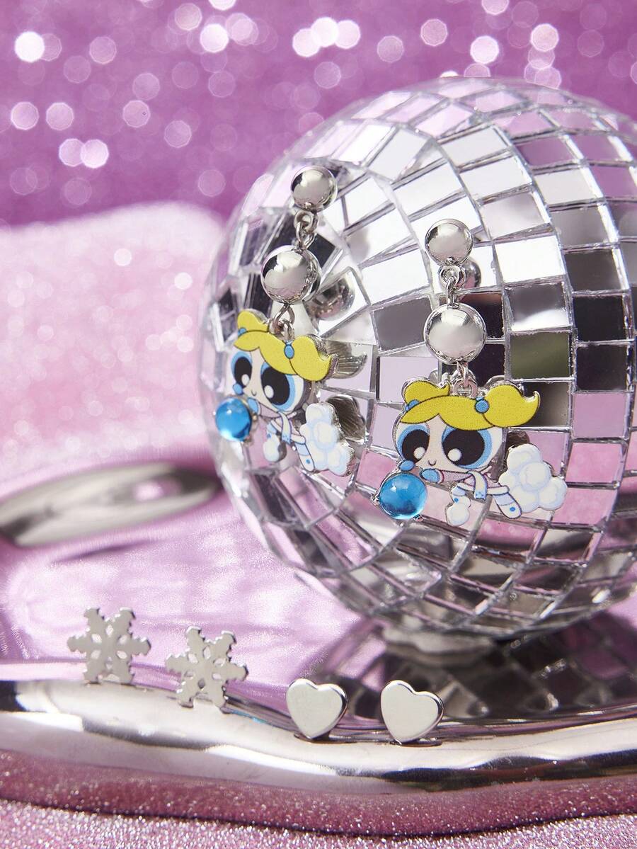 THE POWERPUFF GIRLS X SHEIN Zinc Alloy Cartoon Element Printed Stud Earrings Set, Snowflake, Heart Design, Lightweight Luxury, Casual Chic, Suitable For Parties, Concerts, Festivals - Platinum - View 1
