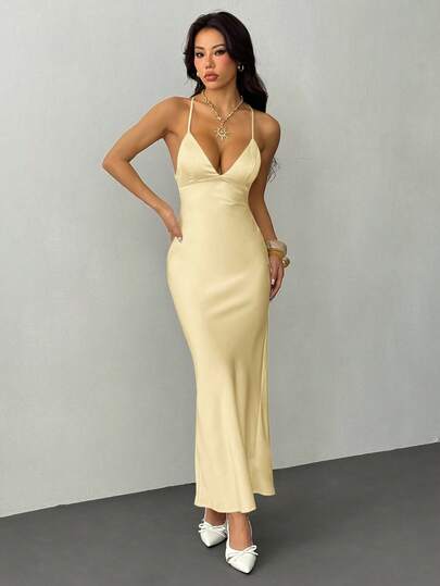 SHEIN PETITE Solid Color Deep V-Neck Spaghetti Strap Super Long Backless Tie-Up Satin Mermaid Maxi Dress For Women, Elegant Dress, Vacation Dress, Bridesmaid Dress, Birthday Party Dress, Back To School/Graduation Dress, White Maxi Dress Sexy Elegant Dress Women Dresses Champagne Satin Dress Elegant Bodycon Maxi Dress Women Low Cut Dress