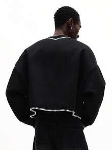 SUMWON Men's Crew Neck Long Sleeve Sweatshirt With Contrast White Stitching Detail And Logo Print For Fall Winter Casual Wear - Black - View 2