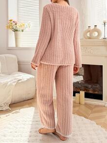 Moonlight&Mama Autumn/Winter Cozy Collar Patchwork Lace V-Neck Cardigan & Long Pants Maternity Pajama Set - Dusty Pink - View 2
