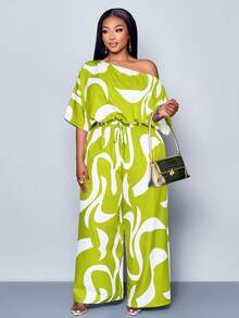 SOLERSUN Conjunto de blusa con cuello asimétrico y estampado integral y pantalones para uso diario para mujer - Verde - Ver 2