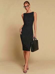 COSMINA 女士优雅条纹收腰中长连衣裙，适合办公室、通勤和日常穿着，四季皆宜 - 黑與白 - 查看 2