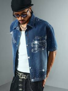 Street Life Spring/Summer Casual Graphic Men'S Short Sleeve Fashionable Front Button Rhinestone Denim Shirt - Blue - View 4