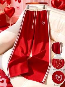 GlowEve Pantalon large à blocs de couleur avec broderie en forme de cœur pour femmes, style de mode casual pour les trajets quotidiens, convient pour un rendez-vous de la Saint-Valentin, style de rue français vintage polyvalent pour les fêtes du Nouvel An, rouge, nouveauté de début de printemps/automne, pantalon de sport - Multicolore - Voir 8