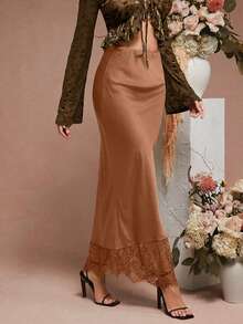 L'Amorae Women's Solid Color High Waist Contrast Lace Elegant Pencil Skirt - Brown - View 4