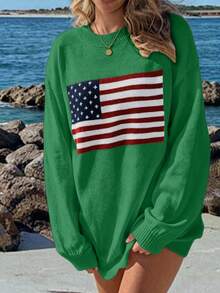 Chiquease Women's Loose Round Neck Drop-Shoulder Sweater With American Flag Pattern For Spring And Autumn, Knit Pullover Fall Winter - Green - View 5