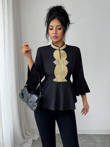 SHEIN Elenzya Áo kiểu nữ cổ chữ V thêu vàng, tay lỡ 3/4 dáng chuông, viền bèo nhún, kiểu dáng thanh lịch, đa năng cho mùa xuân/hè. - màu đen - Xem 3
