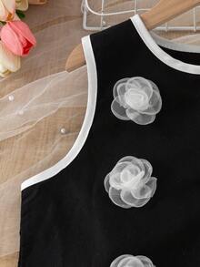 2pcs/Set Tween Girls Organza Floral Decor Black Tank Top And Contrast Button Accent White Wide Leg Pants,Black And White Summer Tea Party Jumpsuit - Black and White - View 7