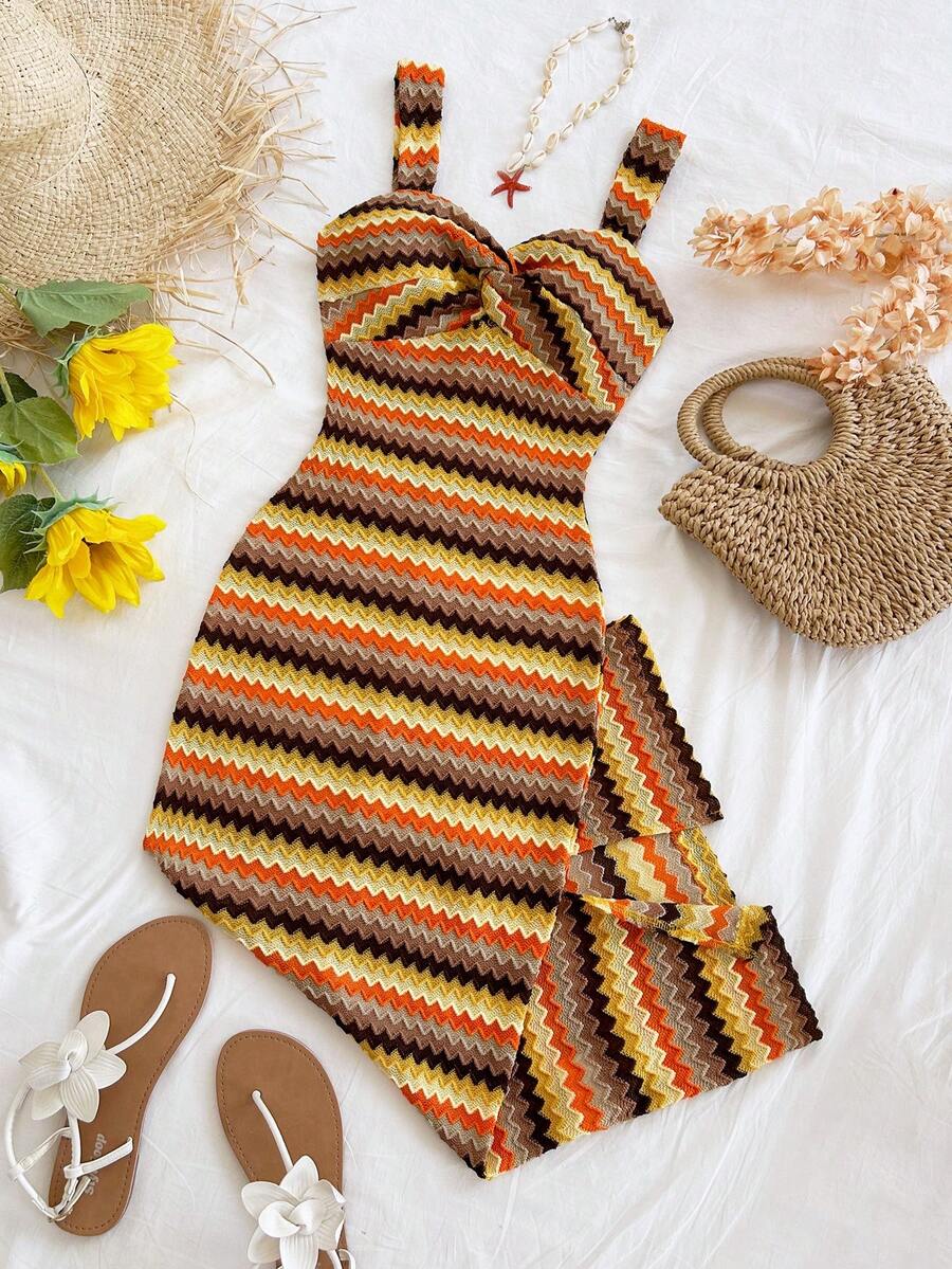 Soleia Rochie midi fără mâneci cu dungi și blocuri de culoare pentru femei - Multicolor - Vizualizare 1