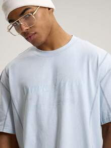 Musero Crew Neck Boxy Short Sleeve Drop Shoulder "WORK HARD" Graphic Print Tshirt Top Autumn Winter Essentials - Baby Blue - View 2