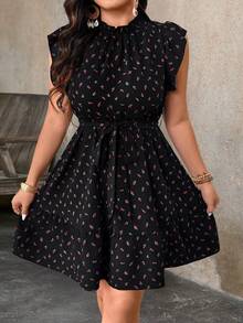 SHEIN PETITE 小码女士褶皱面料碎花系带A字休闲连衣裙，春夏款 - 黑色 - 查看 4