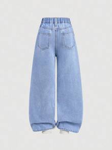 Girlism Girls' Colorful Heart Embroidered Pattern Blue Denim Loose Fit Pants - Light Wash - View 3