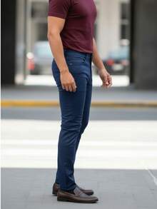 Pantalón para hombre estilo urbano sencillo tela mezclilla ajuste entallado tiro medio sin cuello largo uso diario oficina casual - Azul - Ver 3